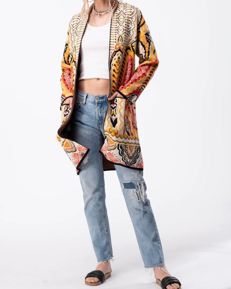 Front of a model wearing a size X-Large Scarf Paisley Jacquard Cardigan in Beige/Orange/Yellow in Beige/Orange/Yellow by Essitam. | dia_product_style_image_id:334346
